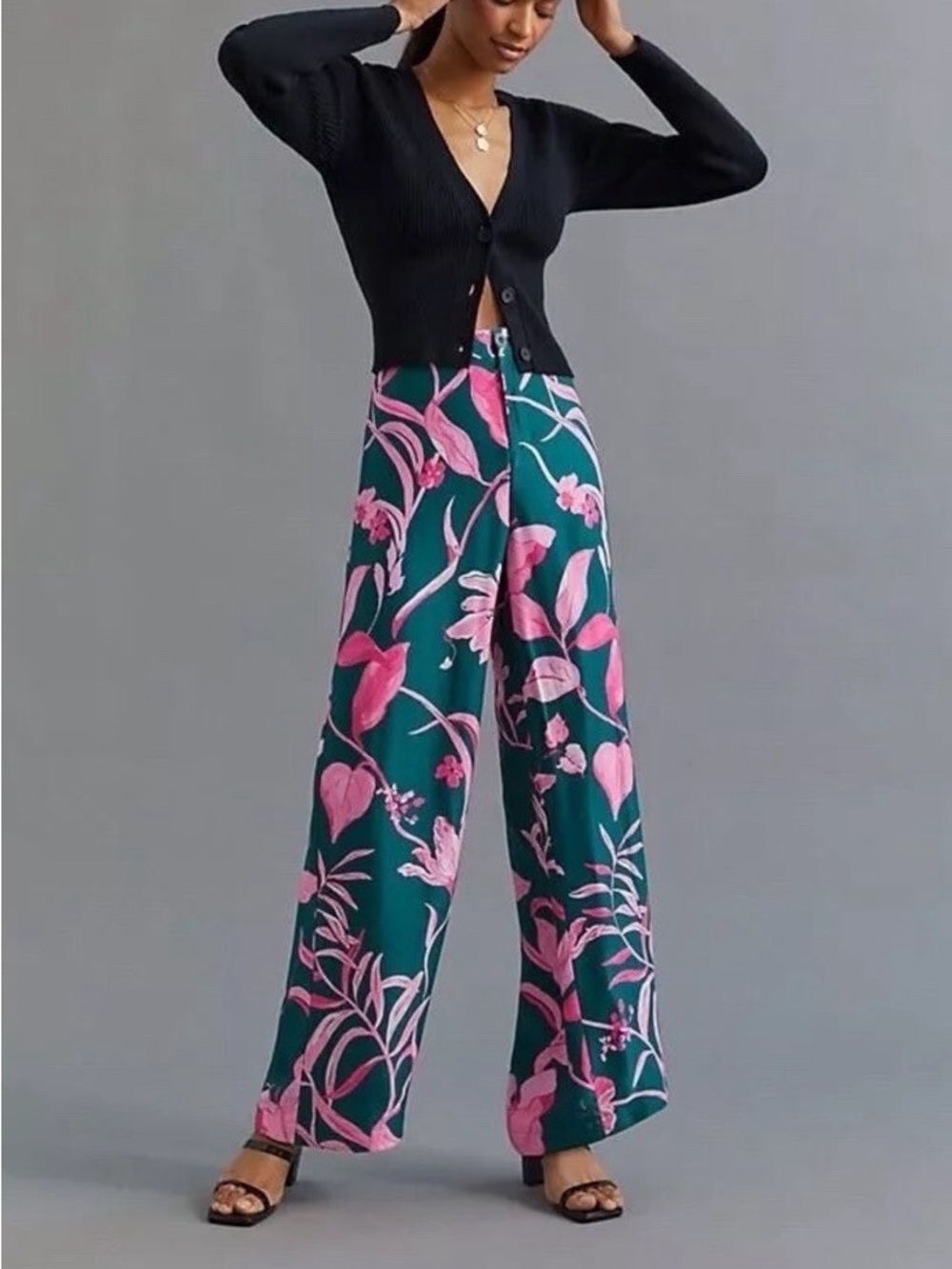 Anthropologie Breezy Tropical Print Green and Pink Wide-Leg Pants size 6 - Picture 2 of 11